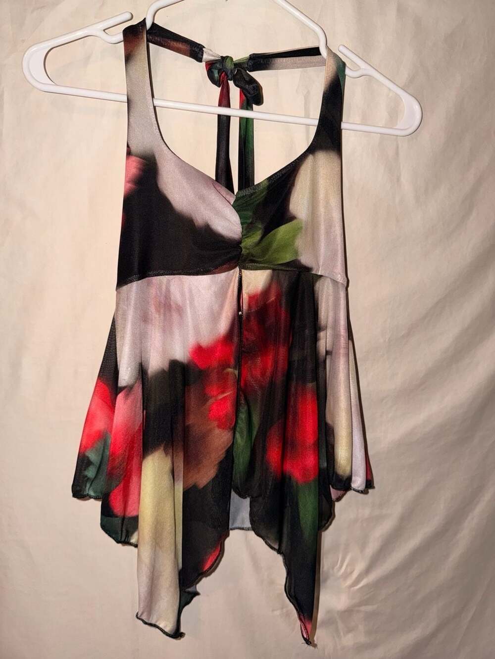 Mesh Halter Floral Print Asymmetric Hem Top Y2K Aesthetic
